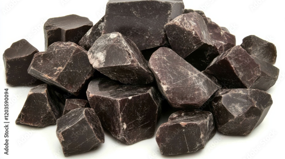 A close-up view of dark mineral stones arranged artistically on a white background A close-up view of dark mineral stones arranged artistically on a white background