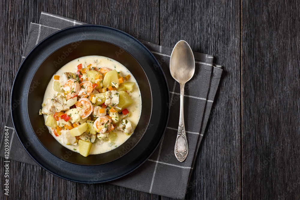 seafood chowder in a white bowl, top view seafood chowder in a white bowl, top view