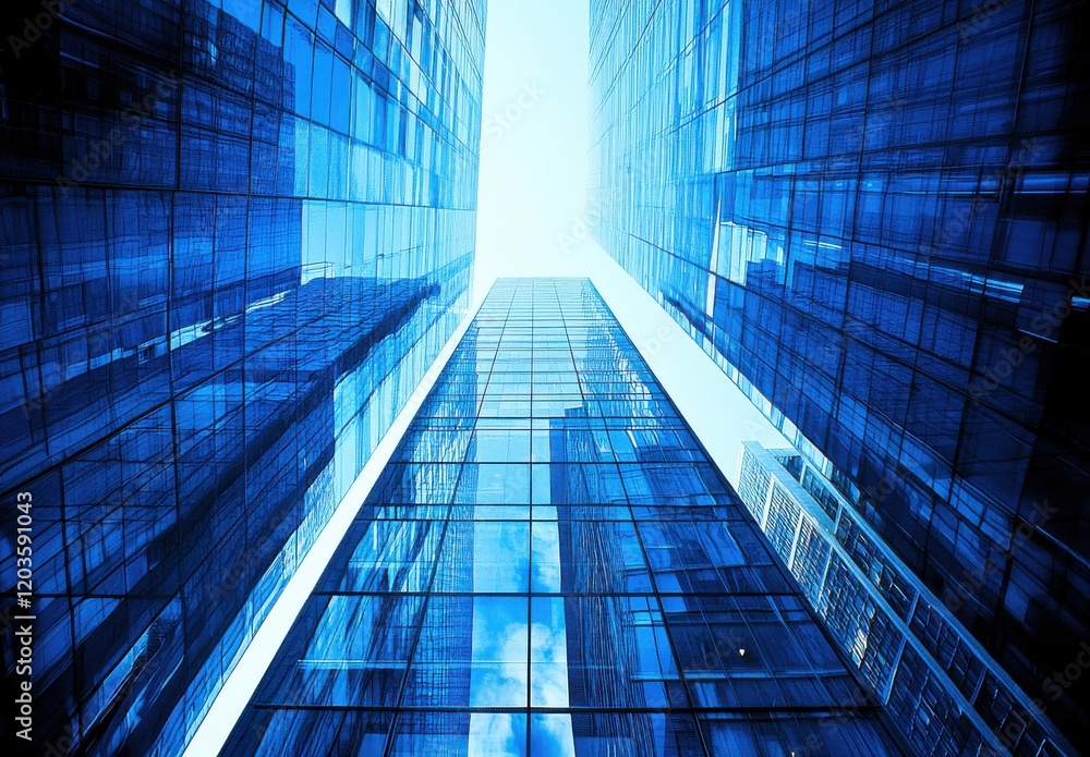 Stunning View of Tall Glass Buildings Stretching Towards the Sky with Reflections of Clouds and Light in a Modern Urban Environment Stunning View of Tall Glass Buildings Stretching Towards the Sky with Reflections of Clouds and Light in a Modern Urban Environment