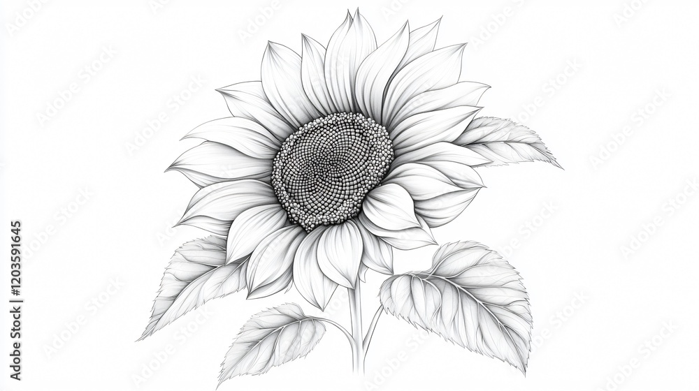 Fototapeta premium Intricate pencil sketch of a sunflower with detailed linework and shading