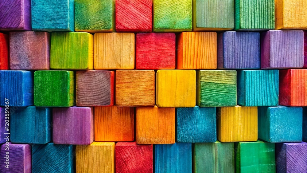 Fototapeta premium Colorful Wooden Blocks Arranged in Spectrum, Creative Background, Diverse Texture