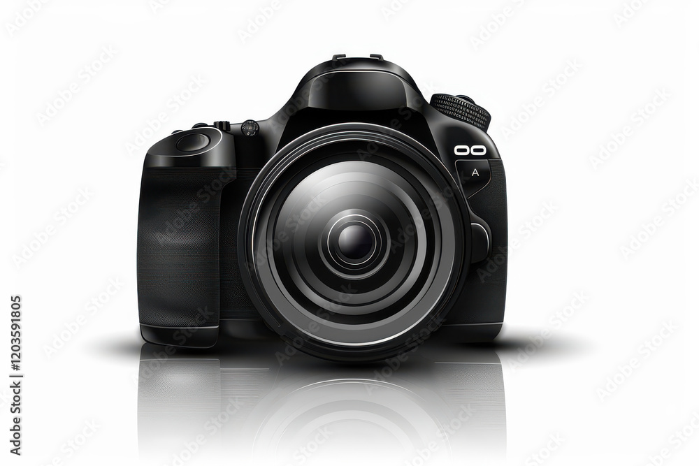 Modern black digital camera symbolizing photography creativity and high-tech imaging on white background for branding and advertising Modern black digital camera symbolizing photography creativity and high-tech imaging on white background for branding and advertising