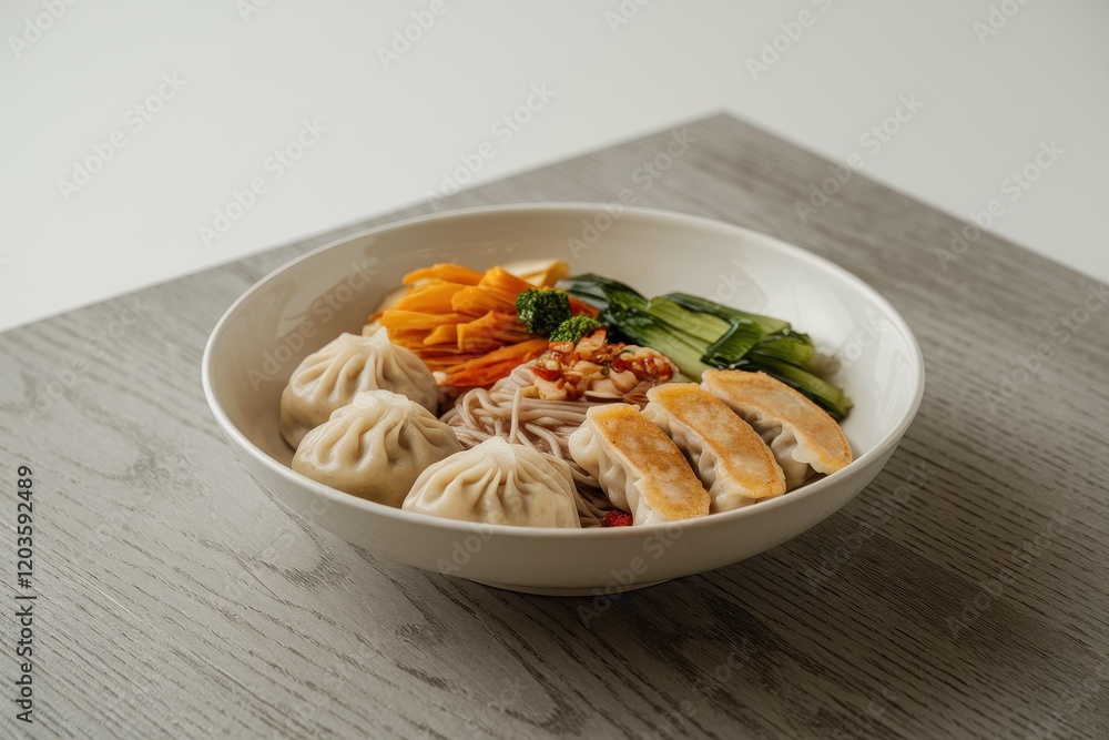 Delicious Dumplings Noodles and Vegetables in a Bowl Delicious Dumplings Noodles and Vegetables in a Bowl
