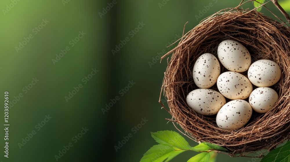 Moments of life encapsulated in a nest containing an array of speckled eggs, symbolizing hope and continuity in nature amidst a vibrant green background. Moments of life encapsulated in a nest containing an array of speckled eggs, symbolizing hope and continuity in nature amidst a vibrant green background.