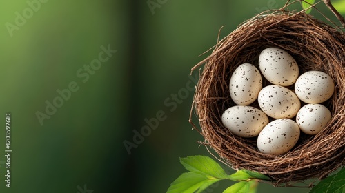 Moments of life encapsulated in a nest containing an array of speckled eggs, symbolizing hope and continuity in nature amidst a vibrant green background.