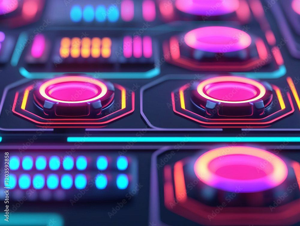 Futuristic control panel with glowing buttons and vibrant colors