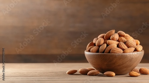 A close-up of a wooden bowl filled with fresh almonds on a rustic surface, emphasizing the natural textures and earthy tones, perfect for healthy eating themes. photo