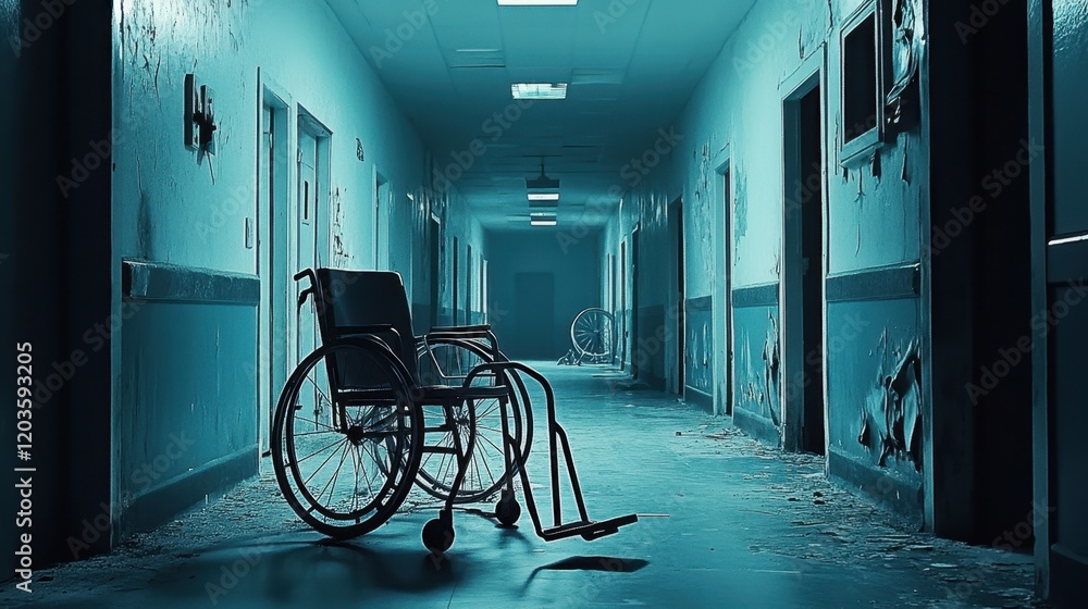 Empty wheelchair in abandoned hospital hallway Empty wheelchair in abandoned hospital hallway
