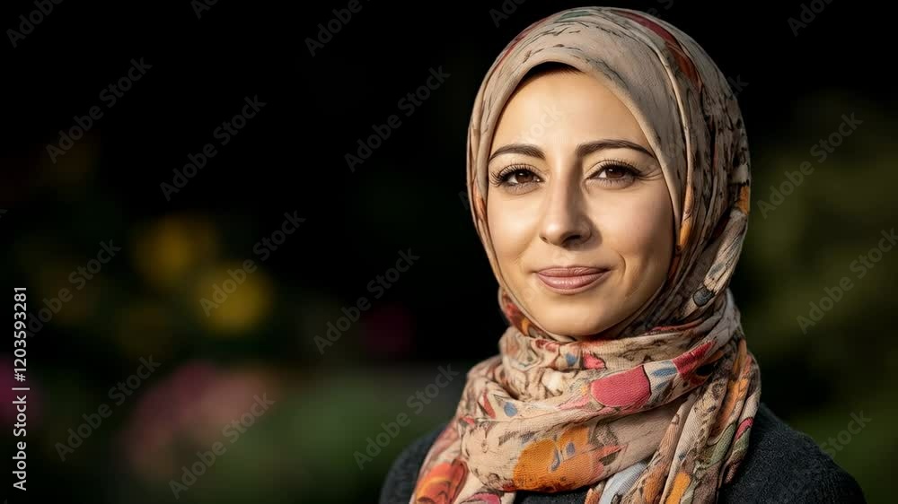 Portrait of a Smiling Middle-Eastern Woman in a Colorful Hijab Against a Soft Focus Garden Background, Capturing Cultural Attire and Natural Beauty Portrait of a Smiling Middle-Eastern Woman in a Colorful Hijab Against a Soft Focus Garden Background, Capturing Cultural Attire and Natural Beauty