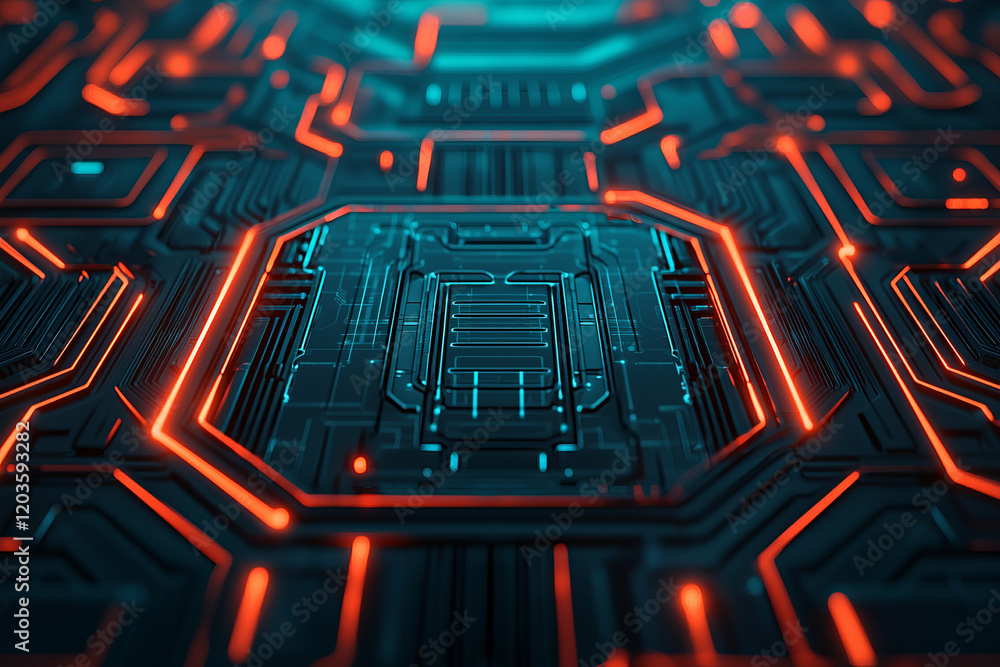 Futuristic circuit board with glowing lines and intricate patterns