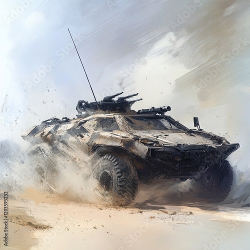Armored Vehicle in Desert: A heavily armed, futuristic military vehicle speeds across a dusty desert landscape, kicking up a cloud of sand in its wake.