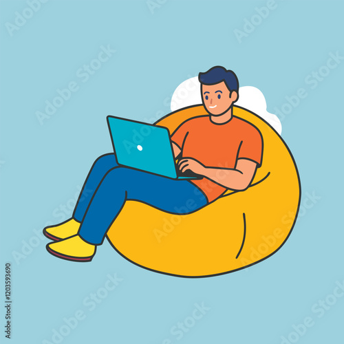 Young man sitting on bean bag, chair. Freelance worker relax on armchair. Employee, entrepreneur work remote, typing on laptop. Vector illustration art design in flat style computer chair. 