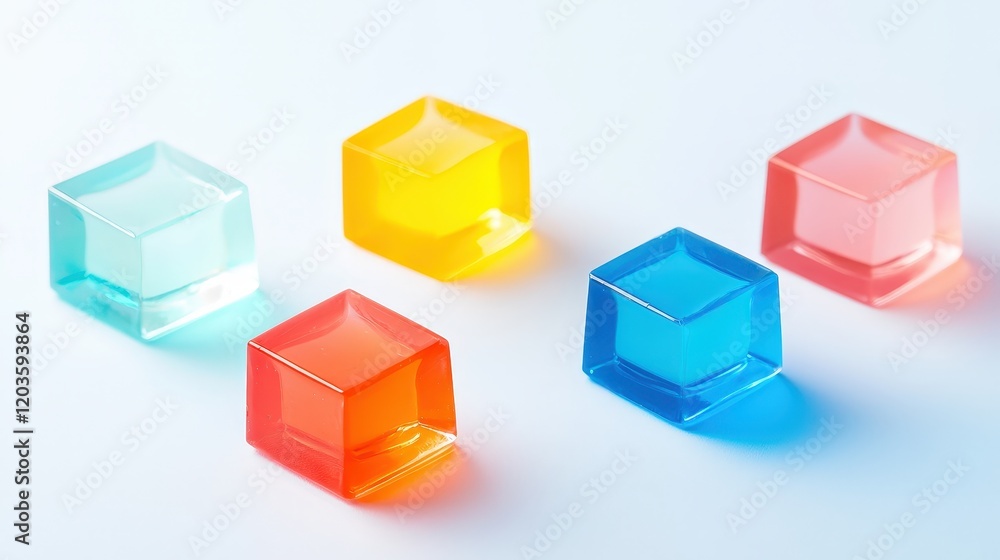 Obraz premium Colorful glass cubes arranged on a white surface showcasing their unique shapes and reflections
