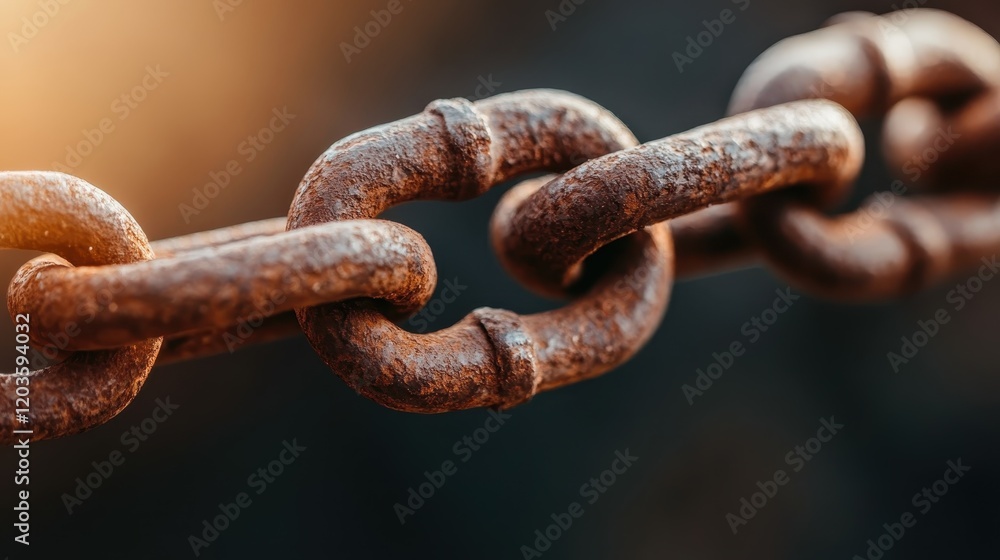 A close-up view of a rusty chain link, showcasing its texture and detailed surface, reflecting an interplay of natural light in the background for an industrial aesthetic. A close-up view of a rusty chain link, showcasing its texture and detailed surface, reflecting an interplay of natural light in the background for an industrial aesthetic.