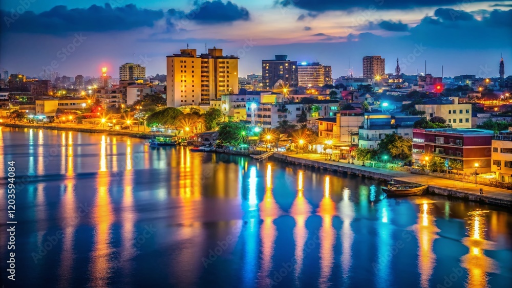 Fototapeta premium Cotonou Night Lights: Vibrant Cityscape at Dusk, Benin's Coastal Capital