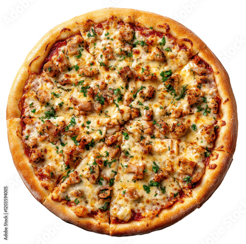 Delicious pizza topped with chicken and herbs on a white background ready to be served