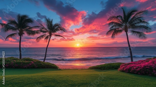 Tropical Paradise Sunset with Palm Trees Silhouetted Against a Vibrant Sky, Ocean View and Lush Greenery