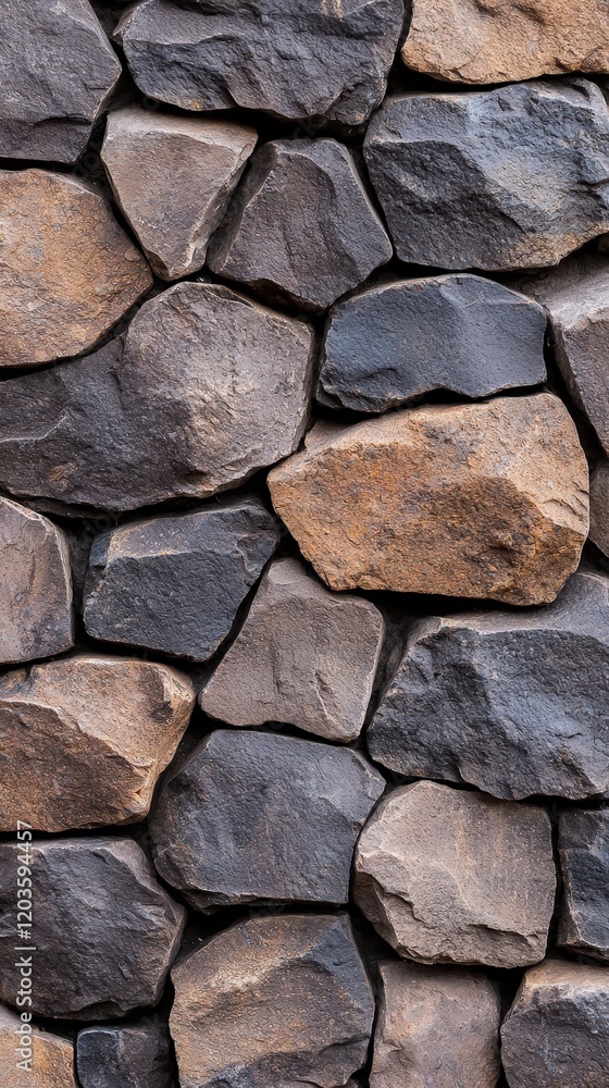 Stone wall featuring a mixture of brown and black stones in a textured pattern Stone wall featuring a mixture of brown and black stones in a textured pattern