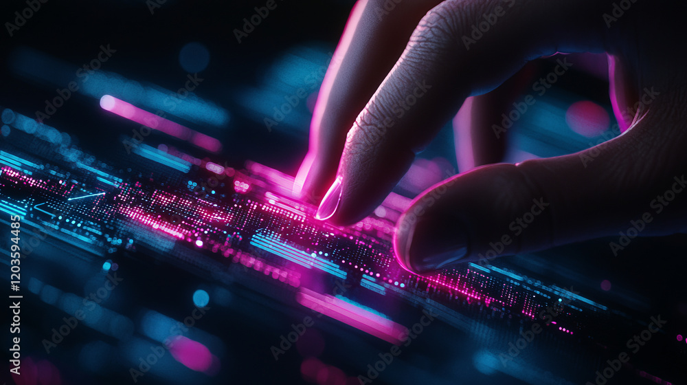 hand interacting with glowing digital interface featuring neon elements hand interacting with glowing digital interface featuring neon elements