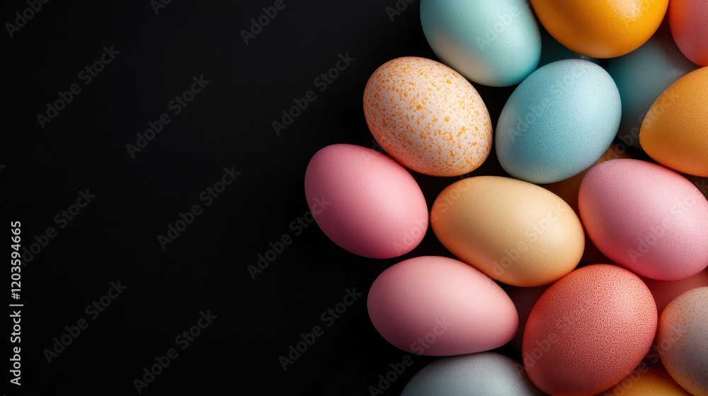 A beautiful array of pastel and vibrant Easter eggs laid on a dark background, each egg showcasing unique designs that celebrate the spirit of renewal and joy. A beautiful array of pastel and vibrant Easter eggs laid on a dark background, each egg showcasing unique designs that celebrate the spirit of renewal and joy.