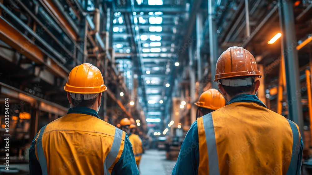 Two workers walking with their backs to the camera along an aisle between rows of industrial equipment in a large workshop or factory. Two workers walking with their backs to the camera along an aisle between rows of industrial equipment in a large workshop or factory.