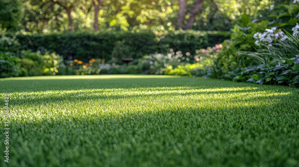 Obraz premium A lush green lawn with a flower garden in the background