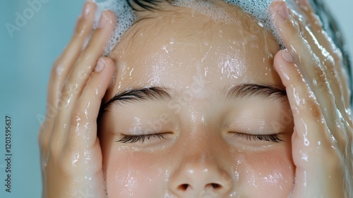 Refreshing facial cleansing routine bathroom lifestyle image bright environment close-up self-care concept photo