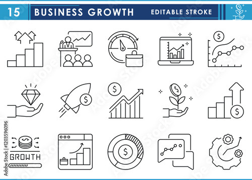 A set of line icons related to Business Growth. Business, dollar, money, income, sales, high, graph, monitoring, success, rate, and so on. Vector editable stroke.