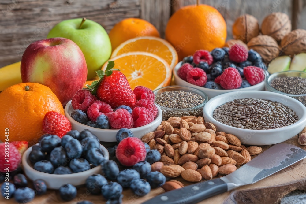 Assorted Fruits Berries Nuts and Seeds Arranged on Wood