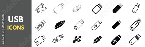 Collection of USB icons for websites, apps, and presentations. Different shapes and sizes are included.