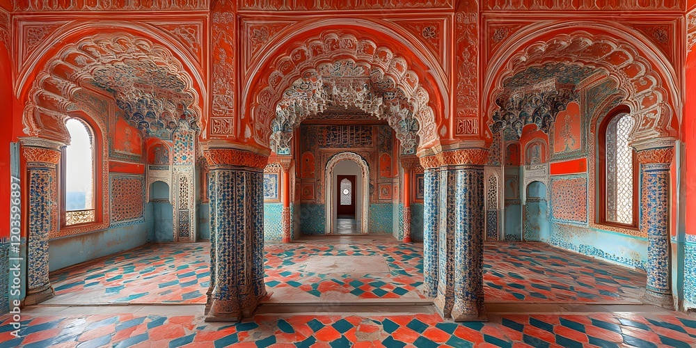 Obraz premium Opulent Architectural Patterns in an Ornate Middle Eastern Palace Corridor