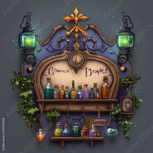 Apothecary's Shelf: A whimsical illustration of an apothecary's shelf overflowing with colorful potions and herbs, illuminated by glowing lanterns, set against a muted background.
