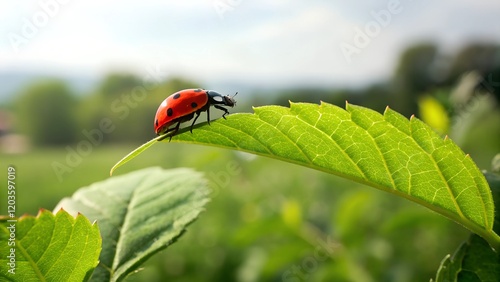 A close-up of a red ladybug perched on a green leaf, surrounded by soft sunlight and natural greenery. A beautiful depiction of nature's simplicity and charm. photo