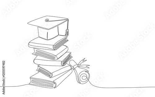 Continuous one line hand drawn of graduation hat and books with certificated roll, Vector illustration, Editable stroke
