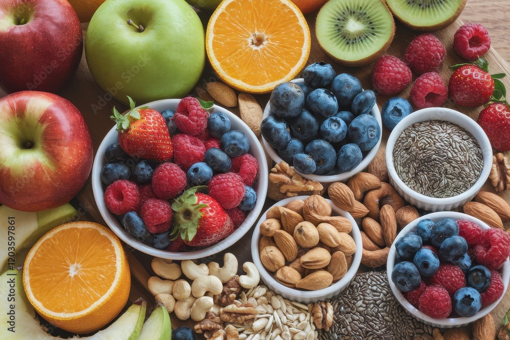 A vibrant array of fresh fruits nuts and seeds A vibrant array of fresh fruits nuts and seeds