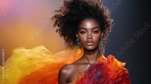 A captivating portrait featuring a model in vibrant flowing layers of fabric, showcasing beauty and elegance, evoking strong emotions through color and artistic expression. photo