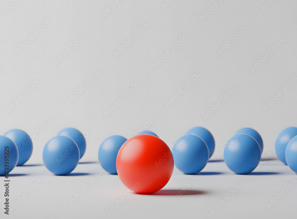Red Sphere Standing Out Among Blue Spheres on White Background Red Sphere Standing Out Among Blue Spheres on White Background
