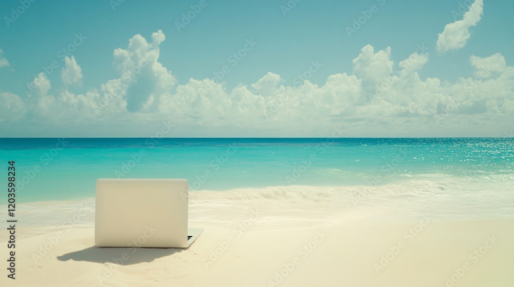 Laptop on Tropical Beach Seascape Summer Vacation Laptop on Tropical Beach Seascape Summer Vacation