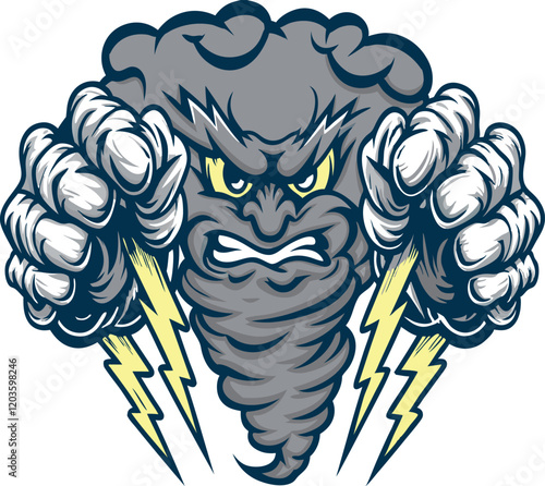 Fierce Thunder Cloud Storm Tornado Mascot Angry Face with Lightning Bolts Vector Illustration