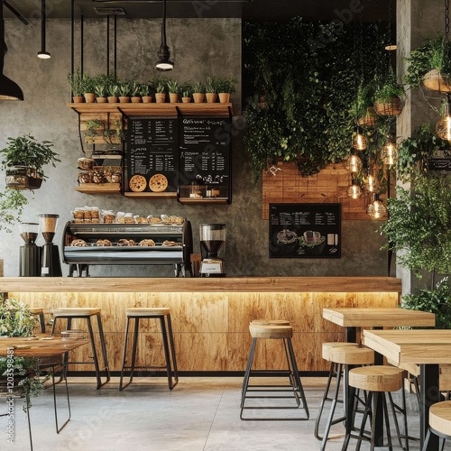 Modern Cafe Interior: A modern cafe interior with rustic wooden furniture, green plants, and exposed concrete walls.