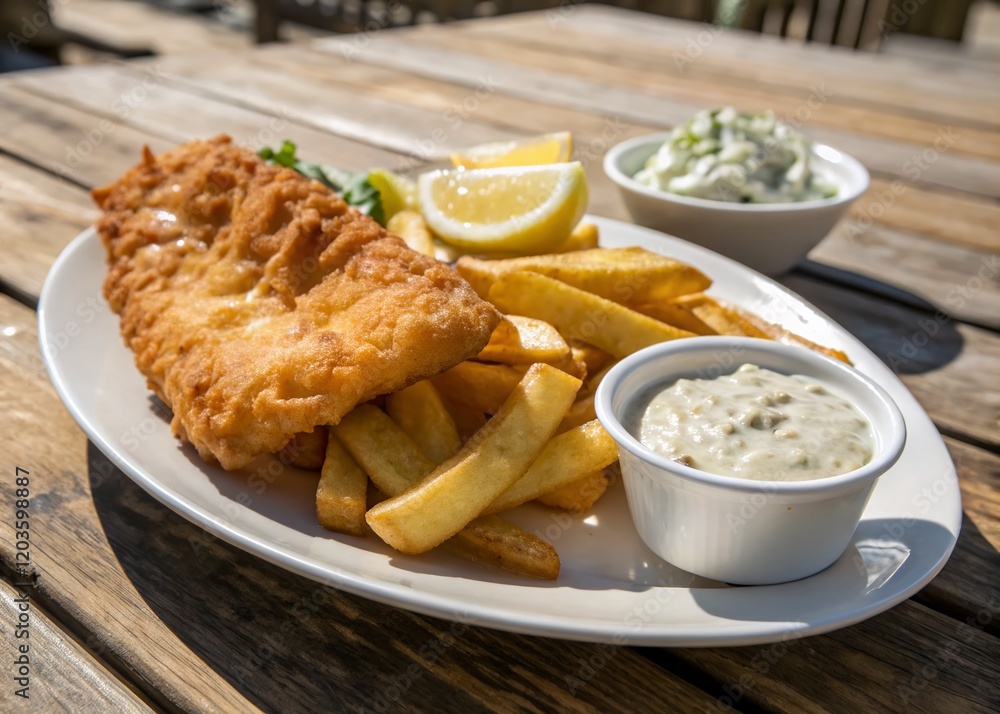 Crispy Fish and Chips with Creamy Tartar Sauce - Delicious British Takeaway Food Crispy Fish and Chips with Creamy Tartar Sauce - Delicious British Takeaway Food