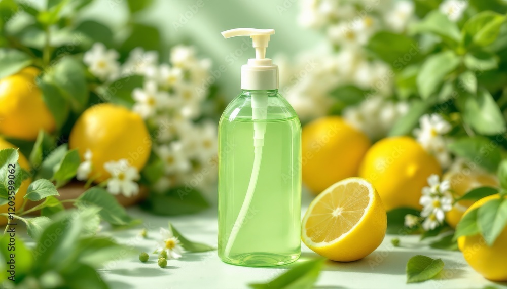Green Lemon Scented Soap Bottle With Lemons And Flowers Green Lemon Scented Soap Bottle With Lemons And Flowers