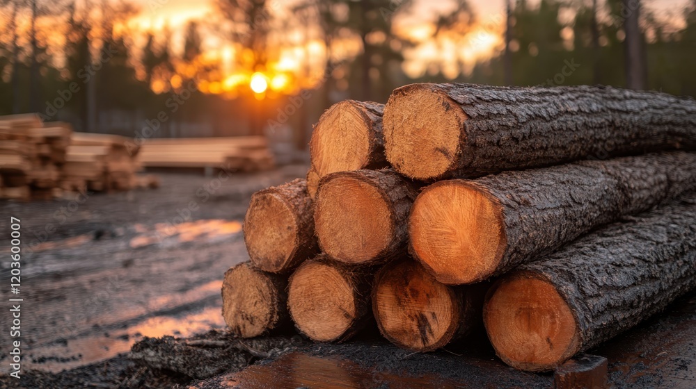 A captivating scene of stacked logs with a beautiful sunset illuminating the forested background, showcasing nature's rustic beauty and warmth. A captivating scene of stacked logs with a beautiful sunset illuminating the forested background, showcasing nature's rustic beauty and warmth.