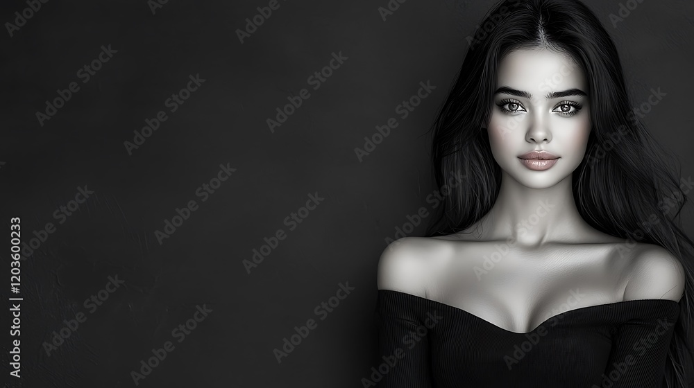 Fototapeta premium An enchanting woman with silky long hair her beauty enhanced by subtle but elegant makeup smiling gently standing gracefully against a sophisticated dark monochrome background Ultra-Realistic 