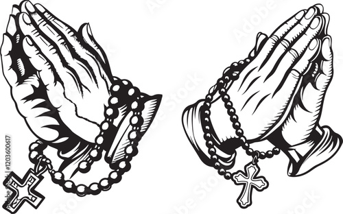  Set of Praying Hands with Rosary Vector Art , Spiritual Illustration on White Background.