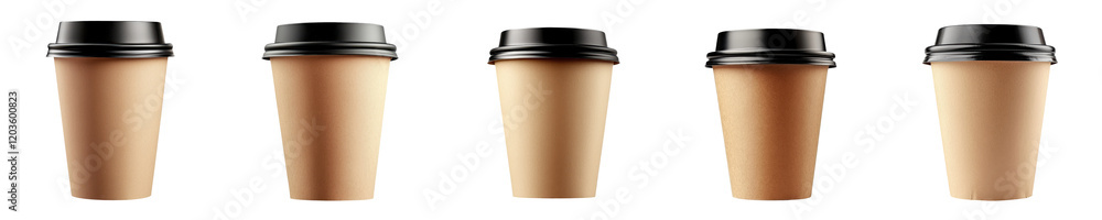 Sustainable. Five disposable coffee cups arranged in a row against a transparent background. Sustainable. Five disposable coffee cups arranged in a row against a transparent background.