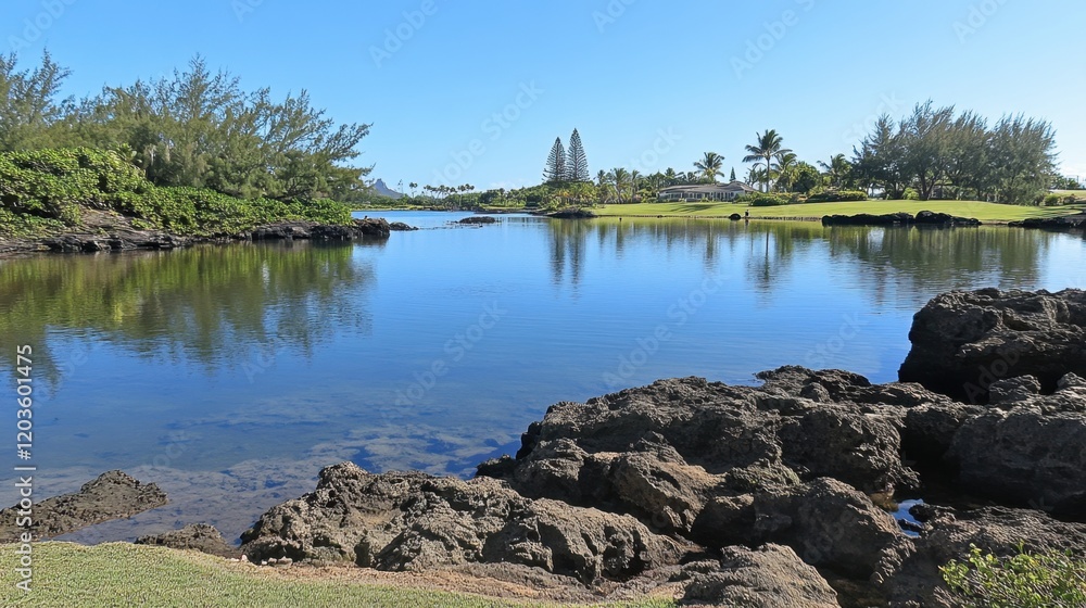 Fototapeta premium A calm lagoon with shallow, crystal-clear waters surrounded by palm trees.