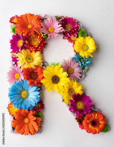 Lettrine R avec des fleur, lettre r faite de fleurs colorées photo