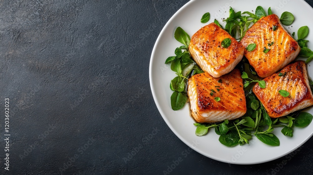 This image presents four perfectly cooked salmon fillets garnished with fresh greens, emphasizing the beauty and healthy aspect of modern culinary art in a white plate. This image presents four perfectly cooked salmon fillets garnished with fresh greens, emphasizing the beauty and healthy aspect of modern culinary art in a white plate.