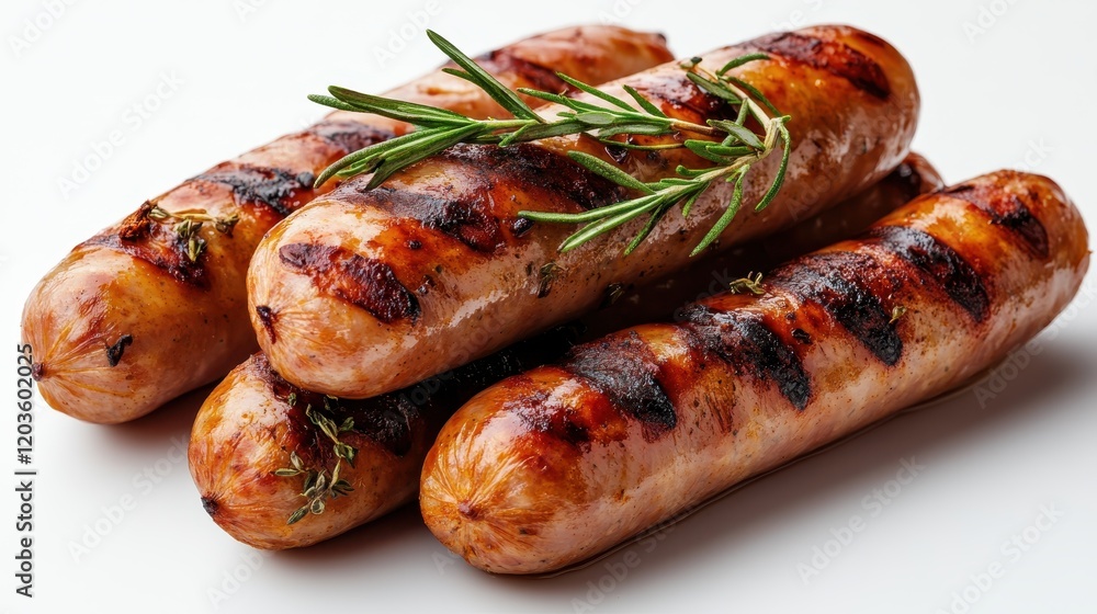 A mouthwatering display of grilled sausages is enhanced with twigs of fresh herbs, capturing the essence of outdoor barbecues and culinary pleasures in vibrant detail. A mouthwatering display of grilled sausages is enhanced with twigs of fresh herbs, capturing the essence of outdoor barbecues and culinary pleasures in vibrant detail.